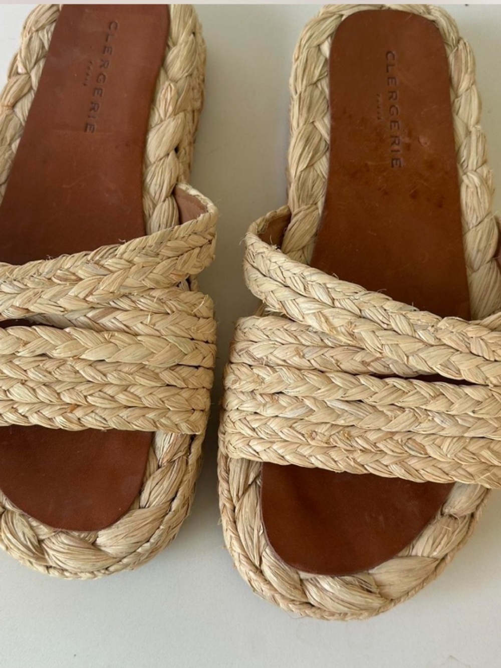 Robert Clergerie Natural Braided Straw Slide Sandals with Brown Leather Footbed
